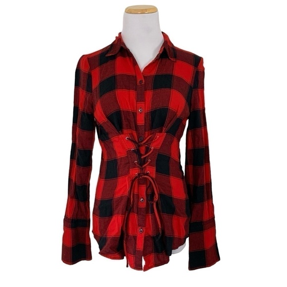 Express Buffalo Plaid Corset Style Lace Up Button Up Tunic Shirt Womens XS Red - Picture 1 of 16